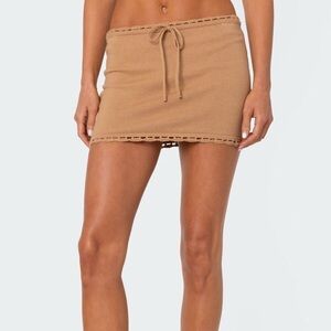 NWT Edikted Crochet Trim Mini Knit Skirt Bow Preppy Beach Boho Mocha Tan Brown L